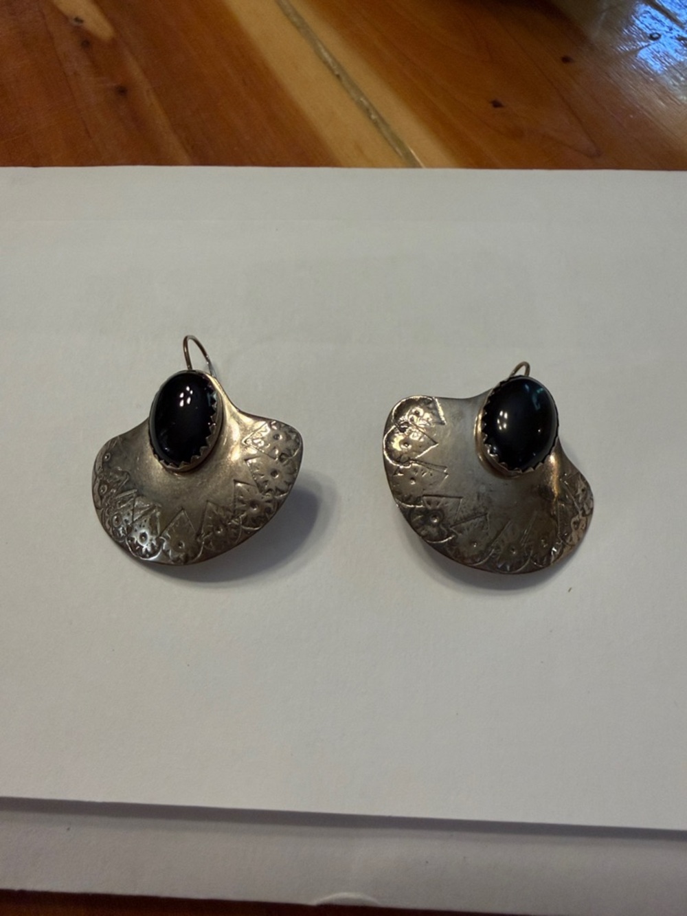 Sterling Silver Etched Dome Earrings with Black Onyx Cabochons